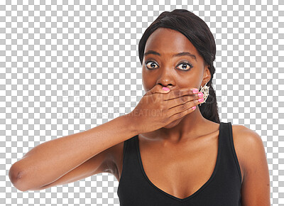 Buy stock photo Woman, shock and cover mouth in portrait, what and omg for rumor, secret and announcement or info. Black female person, surprise and wtf for gossip, omg and isolated on transparent png background