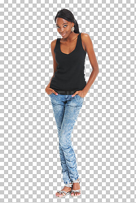 Buy stock photo Woman, denim jeans and portrait for fashion, model and confident on isolated transparent png background. Smile, beauty and young with trendy outfit, stylish and contemporary clothes for blogger
