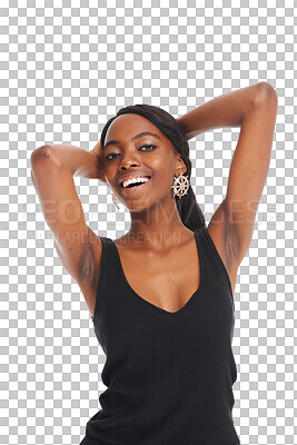 Buy stock photo Happy, fashion and portrait of young black woman with casual, trendy and stylish outfit for confidence. Smile, beauty and African female model with style isolated by transparent png background.