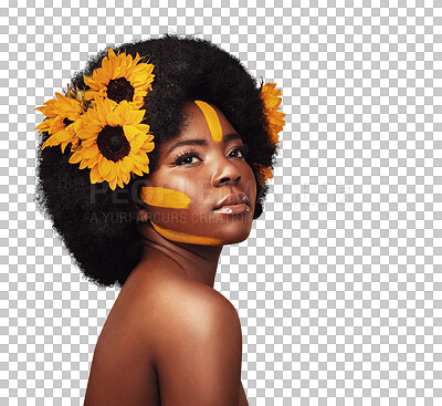 Buy stock photo Hair, sunflowers and black woman in afro, beauty and natural isolated on a transparent png background. Cosmetics, makeup or serious person with floral hairstyle, face or thinking of organic treatment