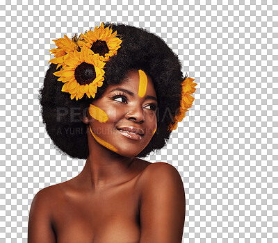 Buy stock photo Hair care, sunflowers and happy black woman in afro, beauty and natural isolated on a transparent png background. Cosmetics, makeup and person in floral hairstyle, face or thinking of salon treatment