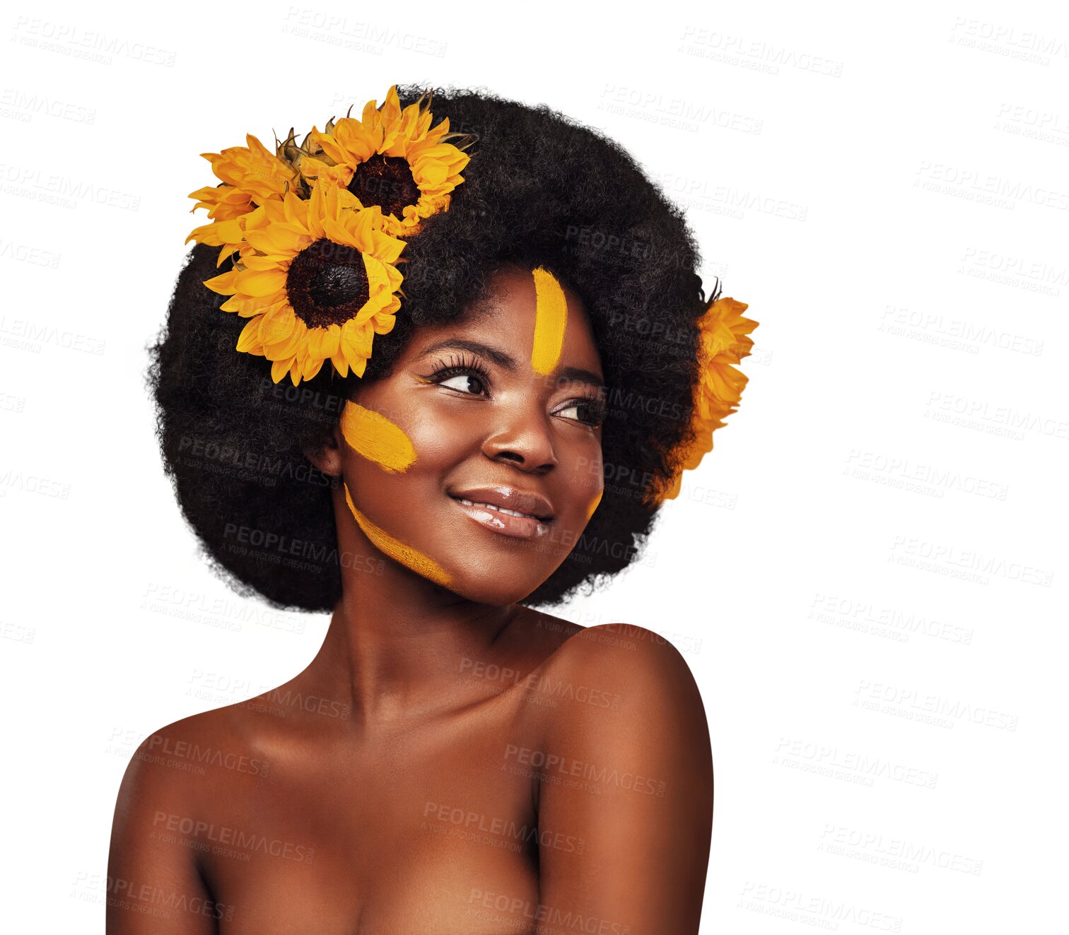 Buy stock photo Hair care, sunflowers and happy black woman in afro, beauty and natural isolated on a transparent png background. Cosmetics, makeup and person in floral hairstyle, face or thinking of salon treatment