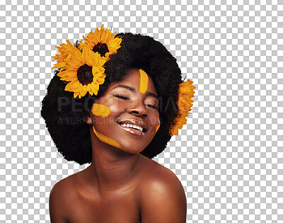 Buy stock photo Hair, sunflowers and black woman in afro, makeup or natural isolated on a transparent png background. Cosmetics, beauty and happy person in floral hairstyle, organic salon skin on face or eyes closed