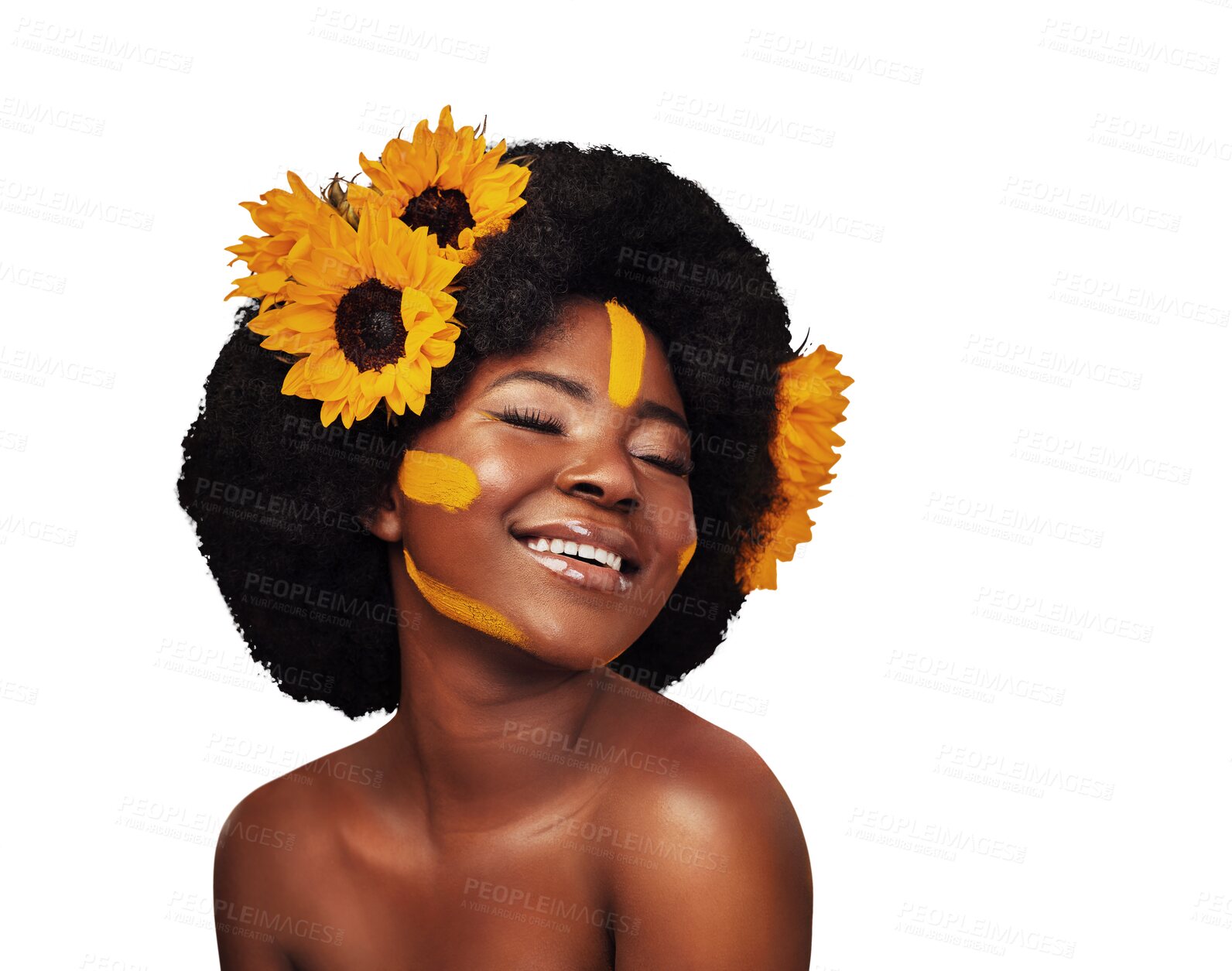 Buy stock photo Hair, sunflowers and black woman in afro, makeup or natural isolated on a transparent png background. Cosmetics, beauty and happy person in floral hairstyle, organic salon skin on face or eyes closed