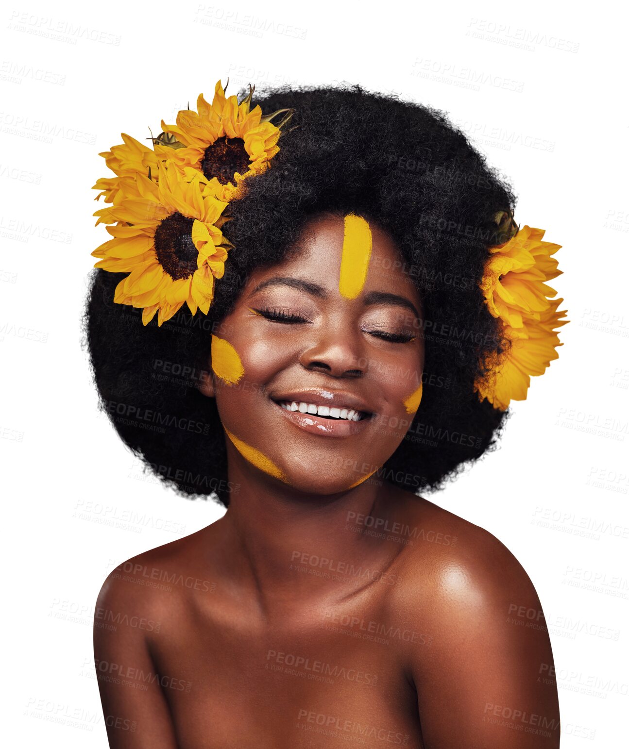 Buy stock photo Hair care, sunflowers and black woman with eyes closed, beauty or natural isolated on transparent png background. Cosmetics, makeup or happy person in floral hairstyle, organic afro treatment or skin