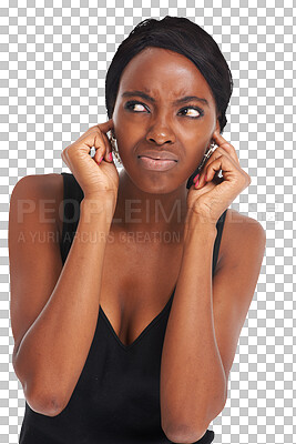 Buy stock photo Woman, ears and annoyed or noise listening for tired frustrated, frown or isolated transparent png background. 
Black person, confused and hands or angry for loud audio or pain, thinking or stress