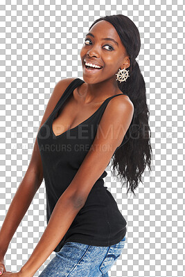 Buy stock photo Black woman, posing and happy for fashion, model and confident on isolated transparent png background. Serious, beauty and young with trendy outfit, stylish and fashionable clothes for blogger
