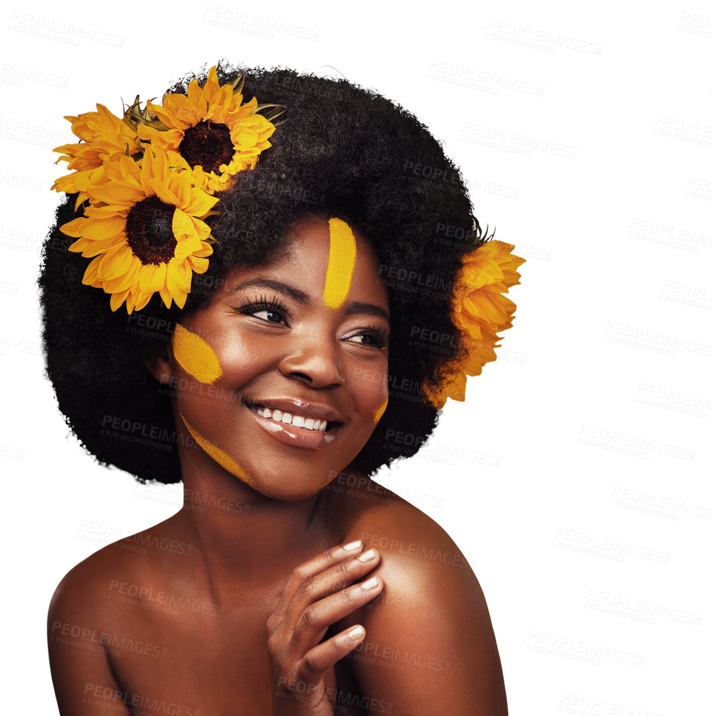 Buy stock photo Hair care, sunflowers and smile of black woman in afro, beauty and natural isolated on a transparent png background. Cosmetics, makeup and person thinking of floral organic bodycare, face and skin