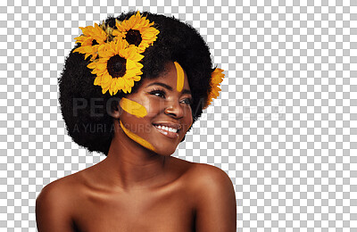 Buy stock photo Hair care, sunflowers and happy black woman in makeup, natural beauty or afro isolated on transparent png background. Cosmetics, thinking face or floral hairstyle, organic salon treatment or skincare