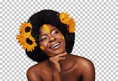 Buy stock photo Smile, thinking and black woman with flowers for skincare, cosmetic and natural face routine. Happy, beauty and young African model with floral plants in hair isolated by transparent png background.