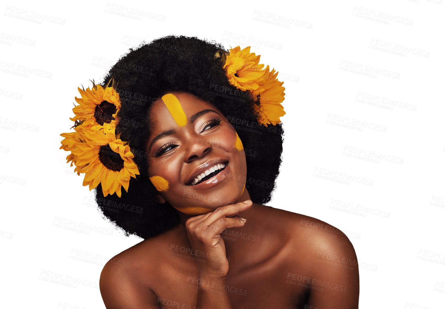 Buy stock photo Smile, thinking and black woman with flowers for skincare, cosmetic and natural face routine. Happy, beauty and young African model with floral plants in hair isolated by transparent png background.