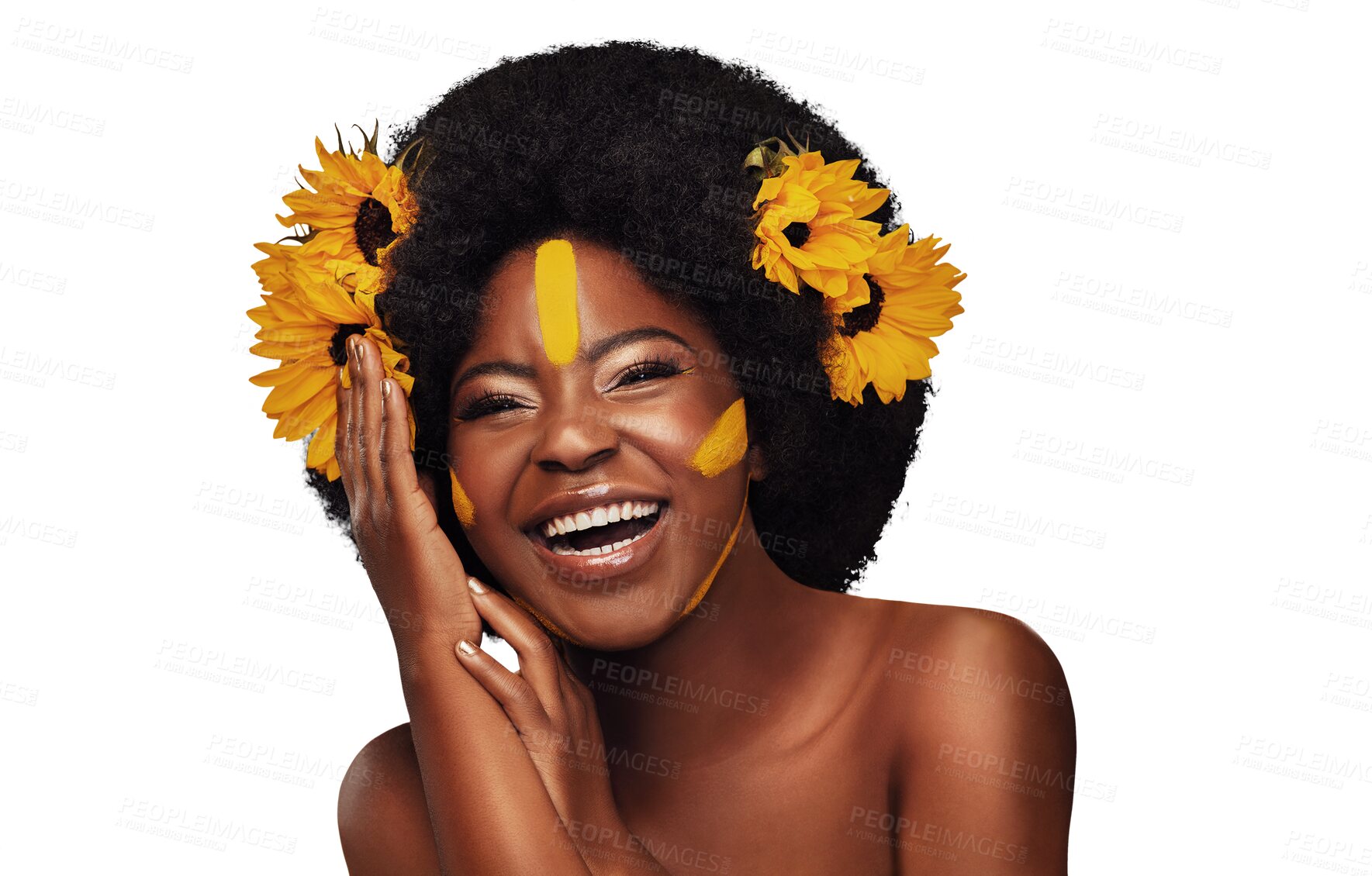 Buy stock photo Portrait, smile and black woman with sunflowers in hair, makeup and confident with natural glow and wellness. Face, model and happy with cosmetics for funny and isolated on transparent png background