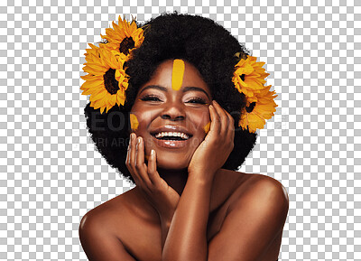 Buy stock photo Beauty, portrait and black woman with flowers for skincare, cosmetic and natural face routine. Smile, makeup and young African model with floral plants in hair isolated by transparent png background.