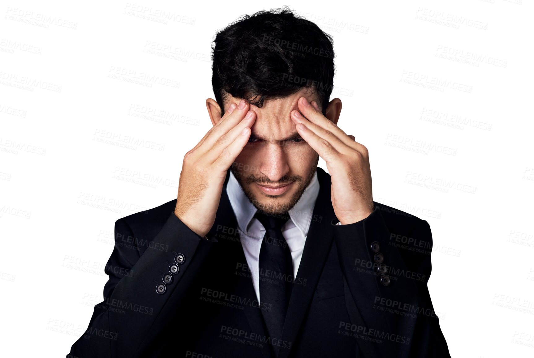 Buy stock photo Headache, problem and business man stress over company mistake, corporate disaster or work crisis risk, fail or burnout. Migraine, head pain and tired expert isolated on transparent, png background