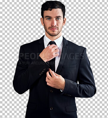 Buy stock photo Fashion suit, portrait and business man confident in formal clothes, professional work wear or corporate dress code. Tie fix, fancy outfit and businessman isolated on transparent, png background