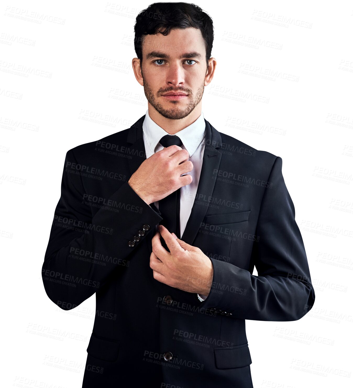 Buy stock photo Fashion suit, portrait and business man confident in formal clothes, professional work wear or corporate dress code. Tie fix, fancy outfit and businessman isolated on transparent, png background