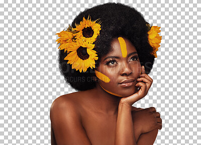 Buy stock photo Beauty, thinking and black woman with flowers for skincare, cosmetic and natural face routine. Ideas, makeup and young African model with floral plants in hair isolated by transparent png background.