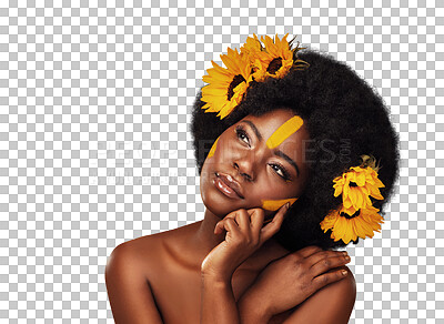 Buy stock photo Cosmetic, thinking and black woman with flowers for skincare, makeup and natural facial routine. Face, beauty and young African model with floral plants in hair isolated by transparent png background