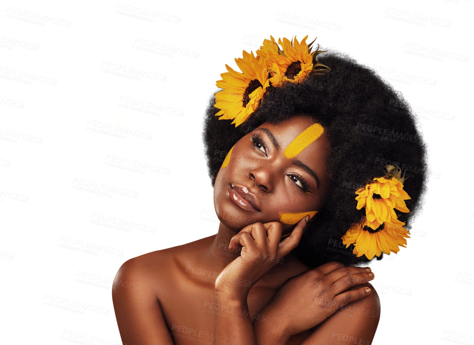 Buy stock photo Cosmetic, thinking and black woman with flowers for skincare, makeup and natural facial routine. Face, beauty and young African model with floral plants in hair isolated by transparent png background