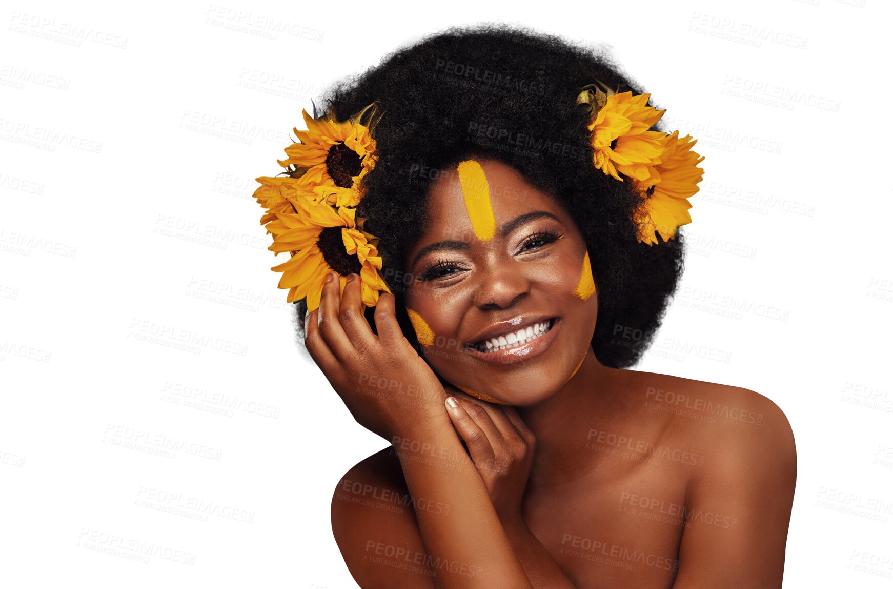 Buy stock photo Smile, makeup and black woman with flowers for skincare, cosmetic and natural face routine. Happy, beauty and young African model with floral plants in hair isolated by transparent png background.