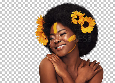 Buy stock photo Thinking, nature and black woman with sunflowers, makeup and girl isolated on transparent background. African person, happiness and model with plants, aesthetic and facial with shine, glow and png