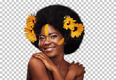 Buy stock photo Portrait, makeup and happy black woman with sunflower on isolated, transparent or png background. Flower, beauty or African model face smile for luxury wellness, eco friendly or natural cosmetic care