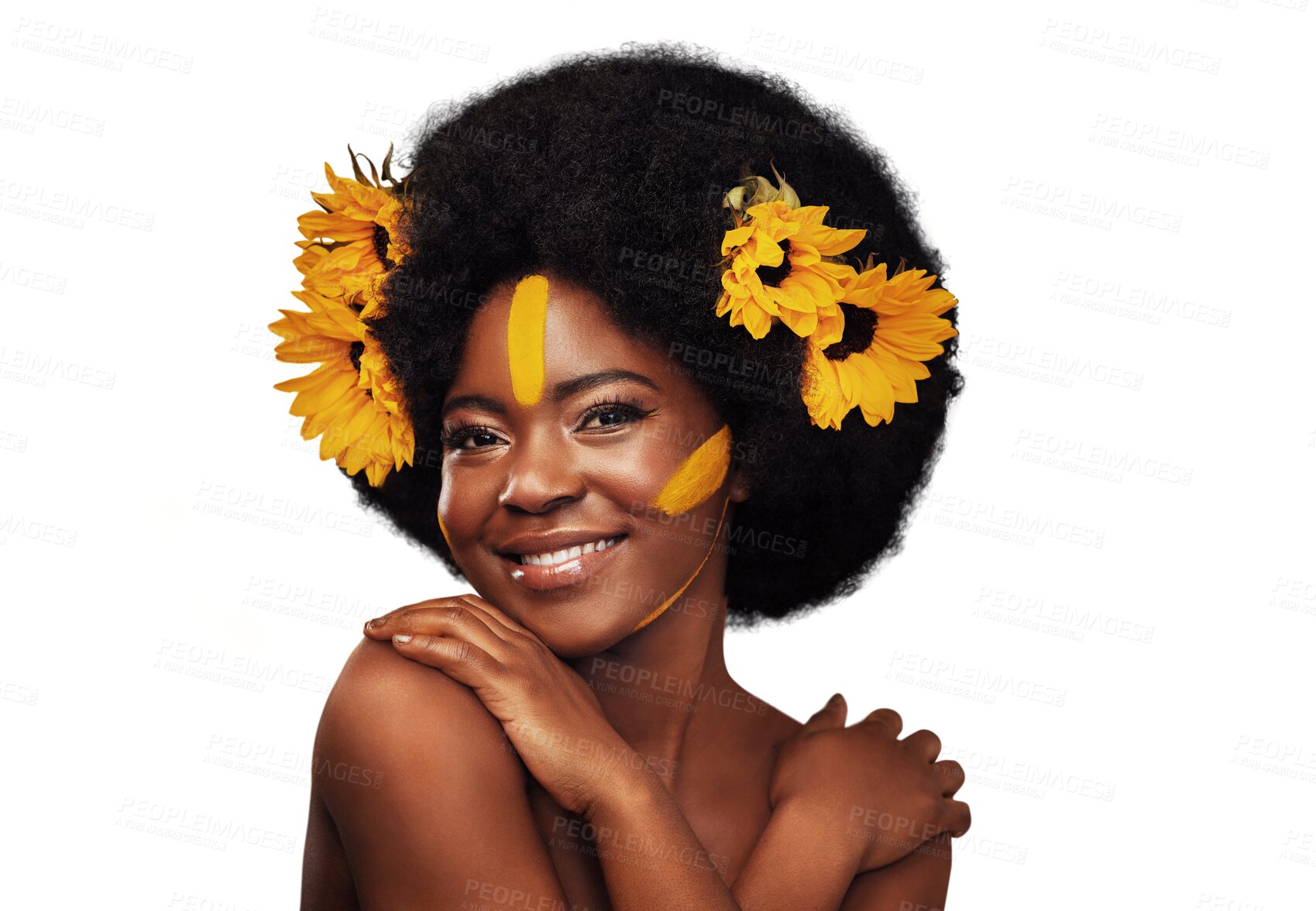 Buy stock photo Portrait, makeup and happy black woman with sunflower on isolated, transparent or png background. Flower, beauty or African model face smile for luxury wellness, eco friendly or natural cosmetic care