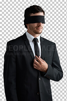 Buy stock photo Serious, business man and blindfold with a suit isolated on a transparent png background for corporate work. Blind, impairment and professional person with a cover for risk, mystery or censorship