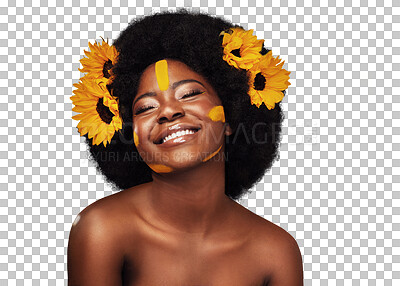 Buy stock photo Thinking, funny or black woman with sunflowers, makeup or confident girl isolated on transparent background. African person, smile or model with aesthetic, plant or facial with happiness, joy or png