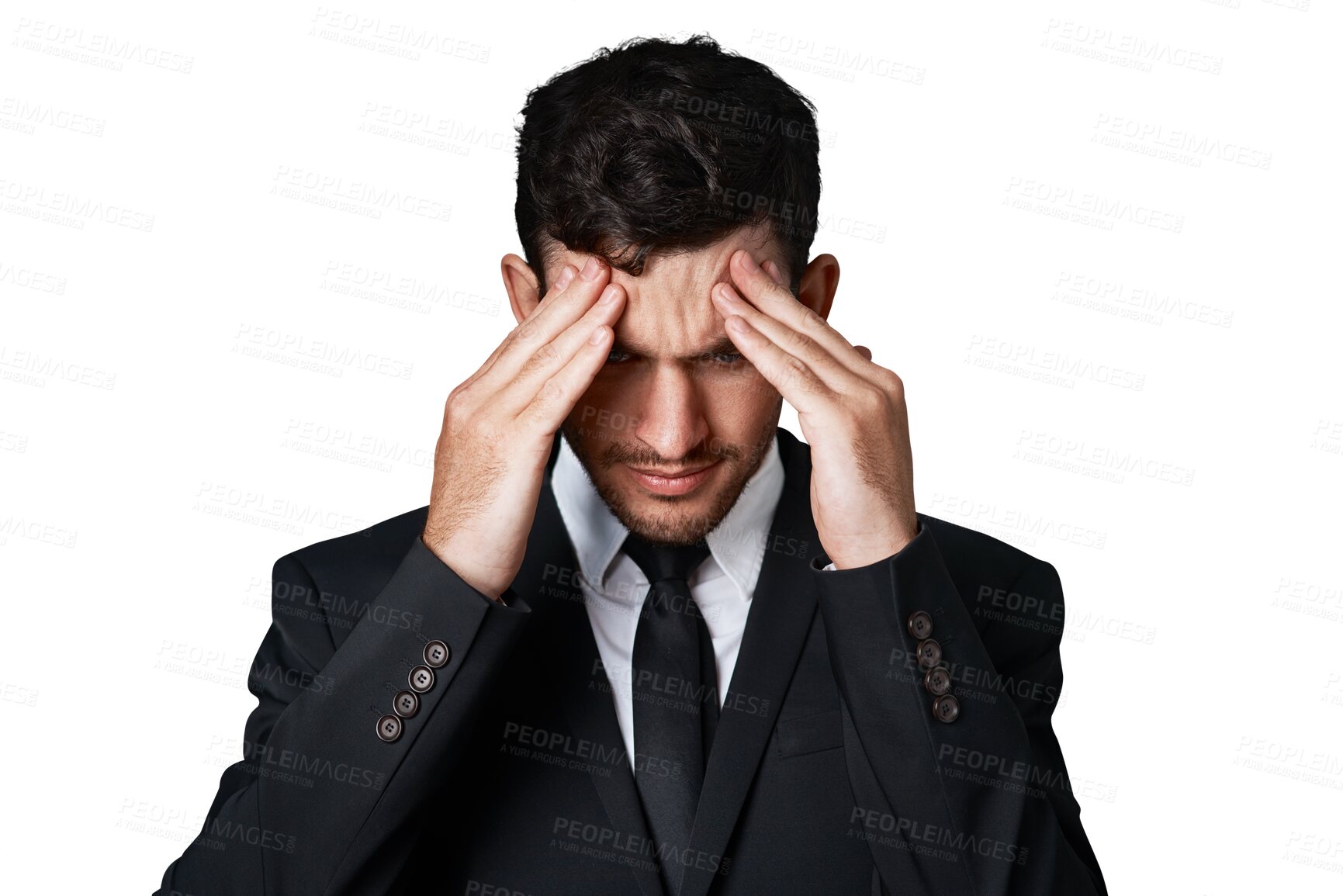 Buy stock photo Headache, problem or business man depressed over company mistake, corporate disaster or work burnout. Migraine pain, overwhelmed or professional person anxiety isolated on transparent, png background