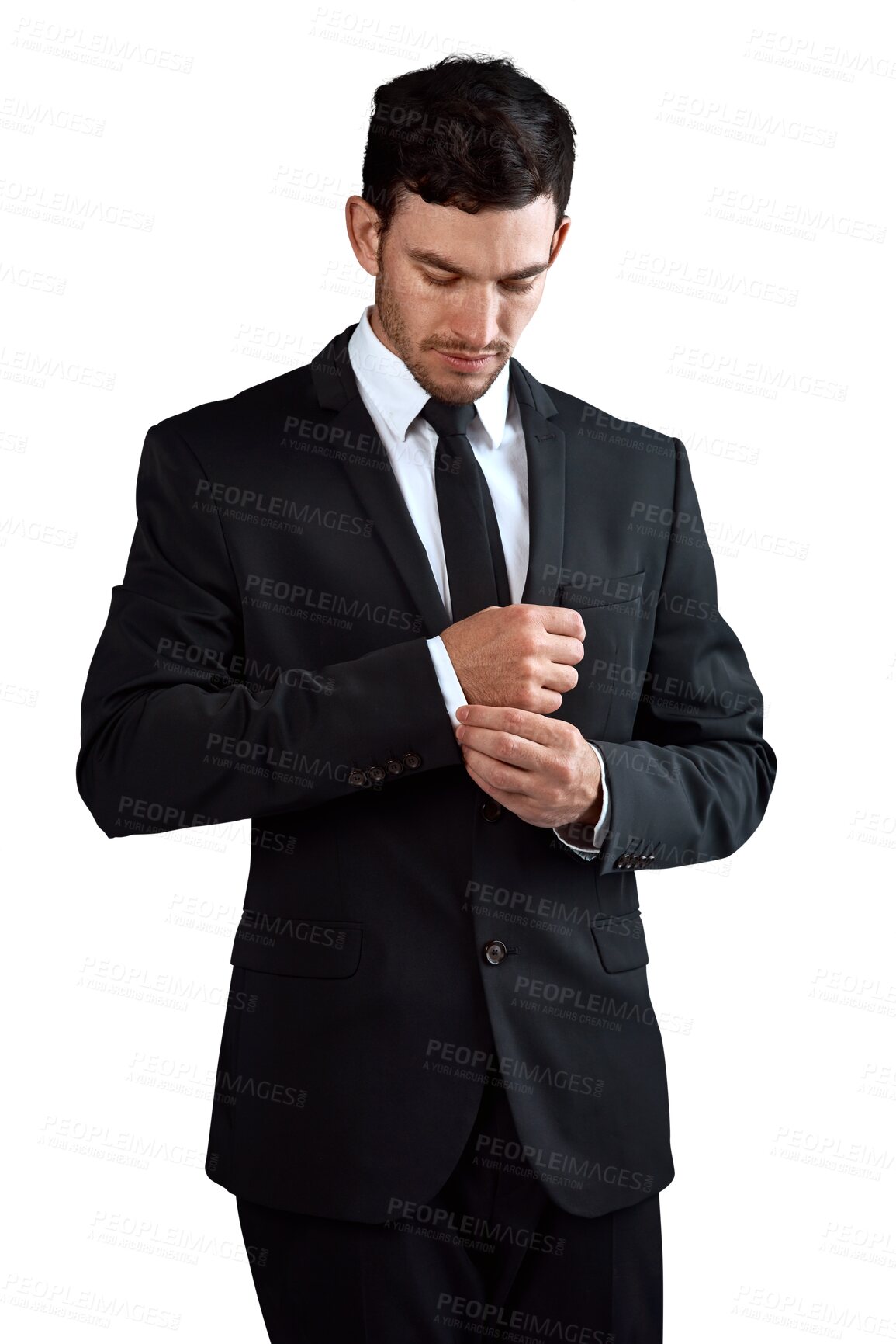 Buy stock photo Businessman, worker and serious to fixing shirt, consultant and professional isolated on transparent png background. Young, proud for career, financial clerk and man for startup, alone and corporate
