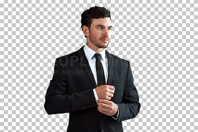 Buy stock photo Handsome businessman, suit and fashion in stylish clothing isolated on a transparent PNG background. Face of attractive, young man or confident business employee in formal attire, outfit or style