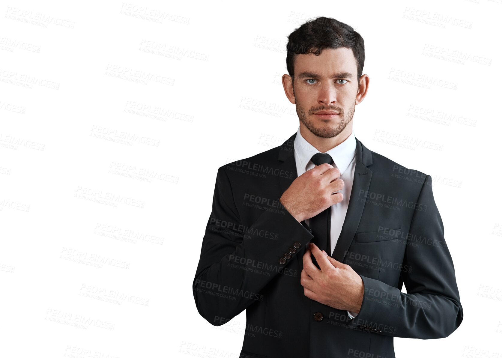 Buy stock photo Serious businessman, portrait and suit in fashion or stylish clothing isolated on a transparent PNG background. Handsome, young man or confident business employee in formal attire, outfit or style