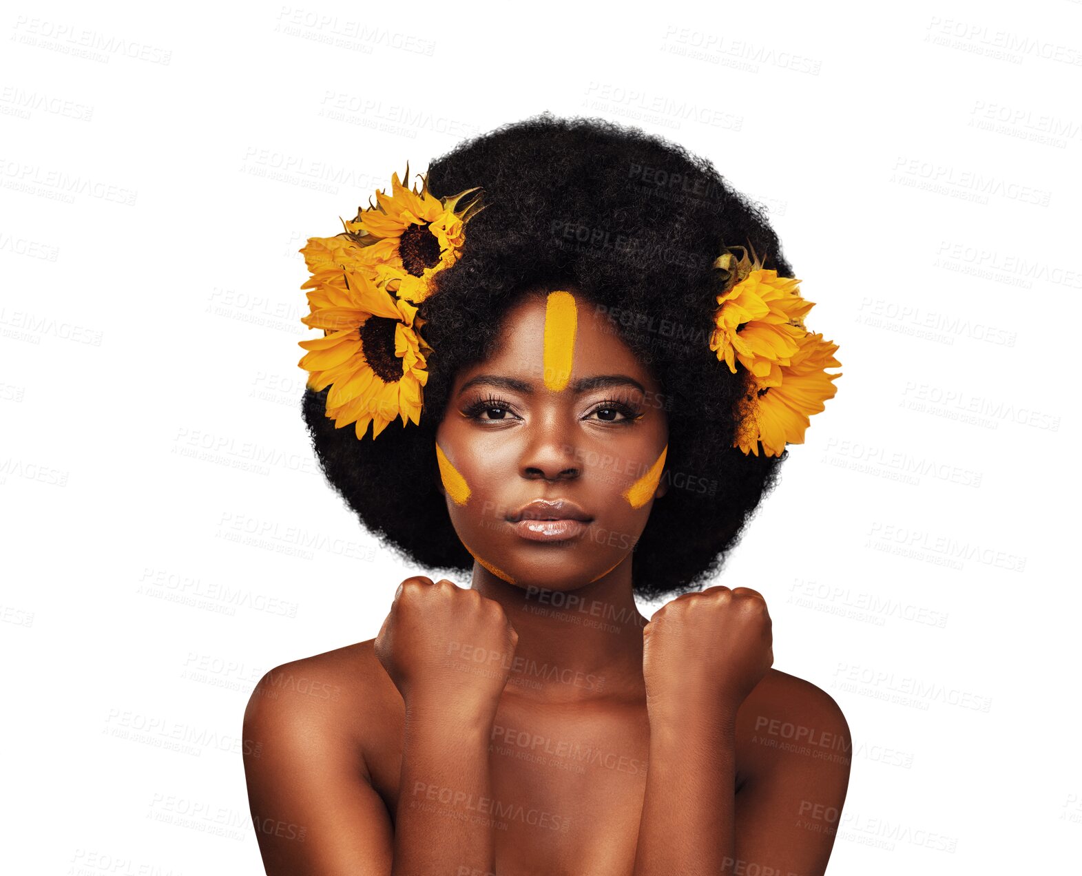 Buy stock photo Portrait, black woman and makeup with sunflower, art or cosmetics on isolated, transparent or png background. Flower, beauty and model with eco friendly face paint for artistic expression or wellness
