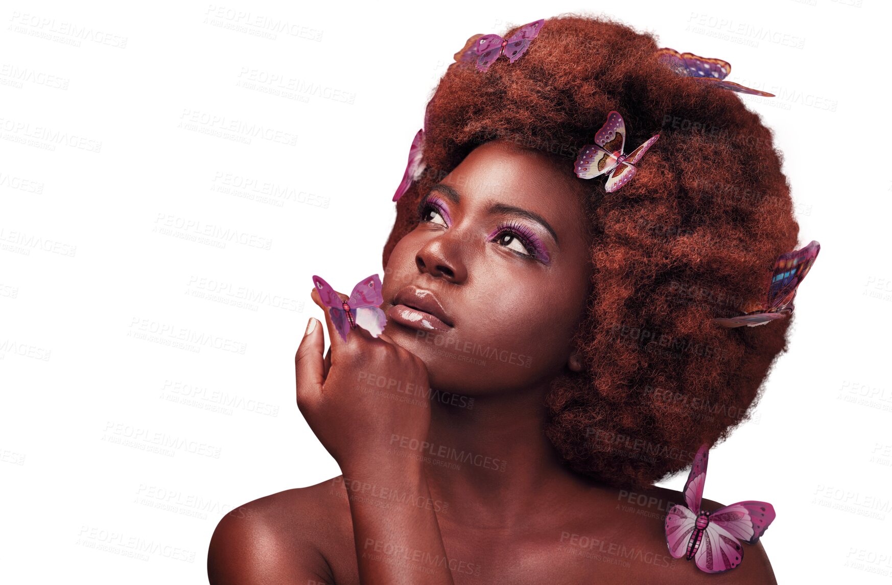 Buy stock photo Black woman, beauty or butterflies cosmetics in hair, makeup or confident with natural glow for relax wellness. African model, young and thinking with care and isolated on transparent png background