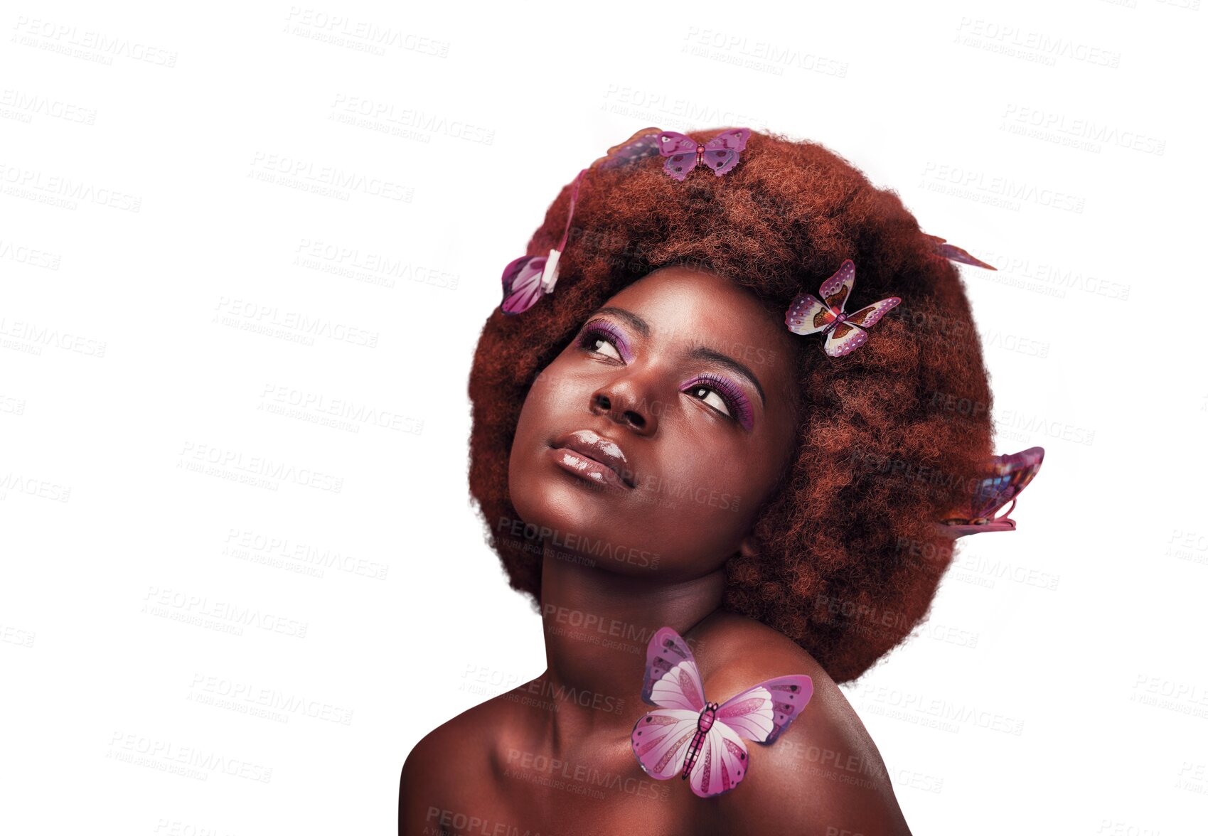 Buy stock photo Black woman, beauty and cosmetics with butterflies in hair, makeup and thought with natural glow for relax wellness. African model, fantasy and confident and isolated on transparent png background