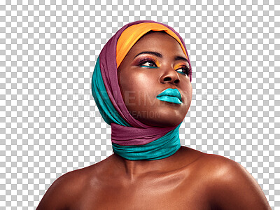 Buy stock photo Black woman, beauty and color cosmetics with scarf, makeup and confident with trendy style for creative art. African model, culture and pride with fashion and isolated on transparent png background