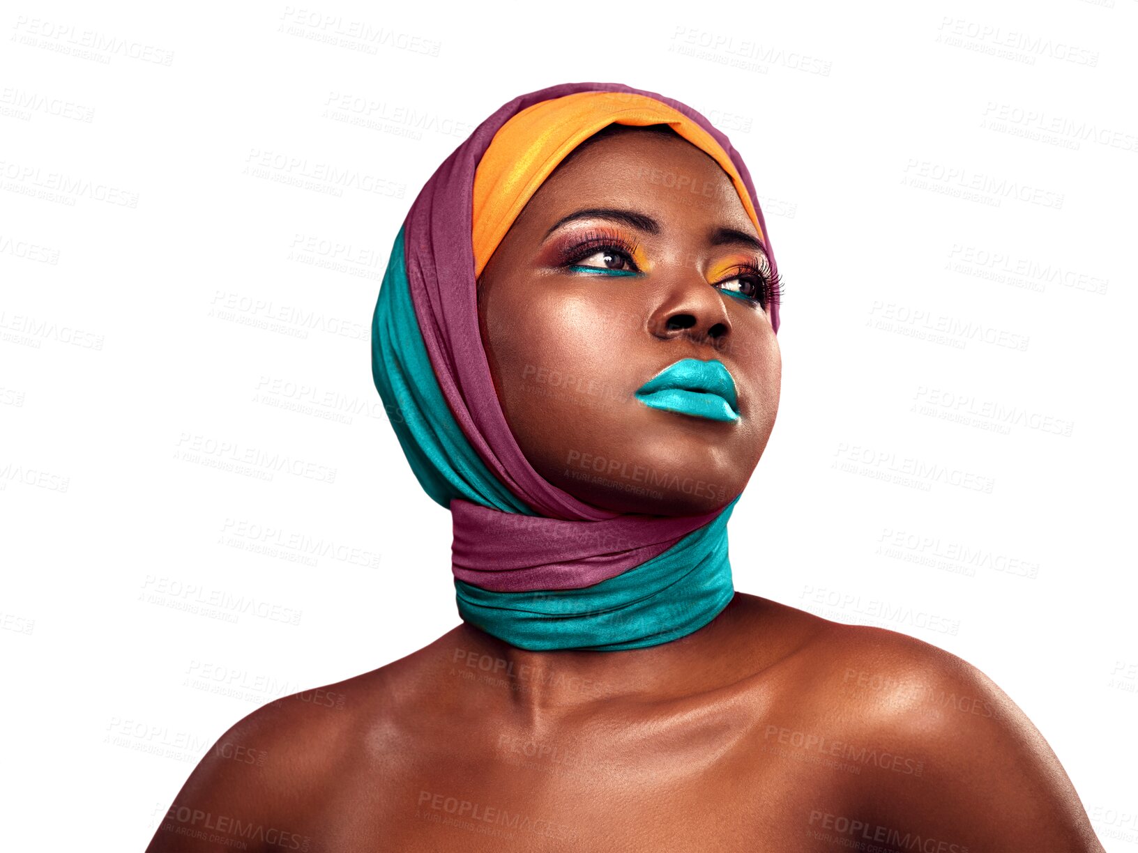 Buy stock photo Black woman, beauty and color cosmetics with scarf, makeup and confident with trendy style for creative art. African model, culture and pride with fashion and isolated on transparent png background