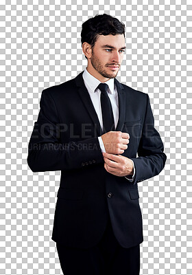 Buy stock photo Man, worker and serious to fixing shirt, consultant and professional isolated on transparent png background. Young, proud for career, financial clerk or businessman for startup, alone or corporate
