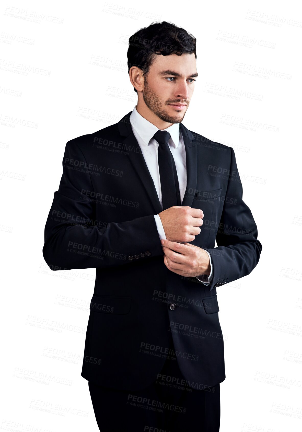 Buy stock photo Man, worker and serious to fixing shirt, consultant and professional isolated on transparent png background. Young, proud for career, financial clerk or businessman for startup, alone or corporate
