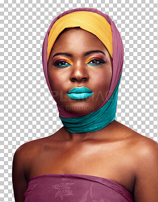 Buy stock photo Black model, beauty and color cosmetics with scarf, make up and confident with trendy style for creative art. African, woman or culture with pride in fashion or isolated on transparent png background