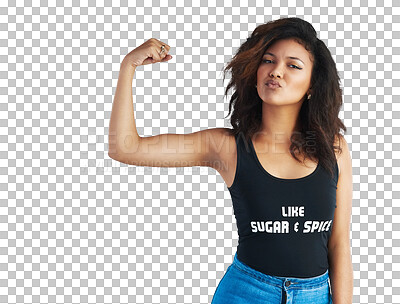 Buy stock photo Portrait, feminism and a woman flexing her arm muscle while isolated on a transparent background. Girl power, pride or empowerment with a confident and strong young person showing her bicep on PNG