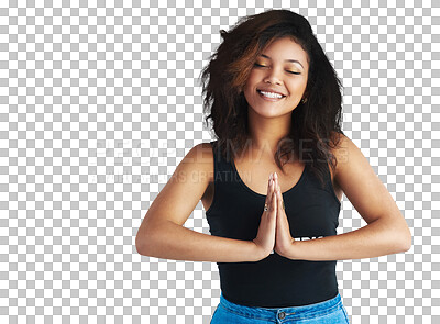 Buy stock photo Happy woman, yoga and hands together for meditation or inner peace isolated on a transparent PNG background. Calm female person or yogi smile in relax, zen or meditating for mind, health and wellness