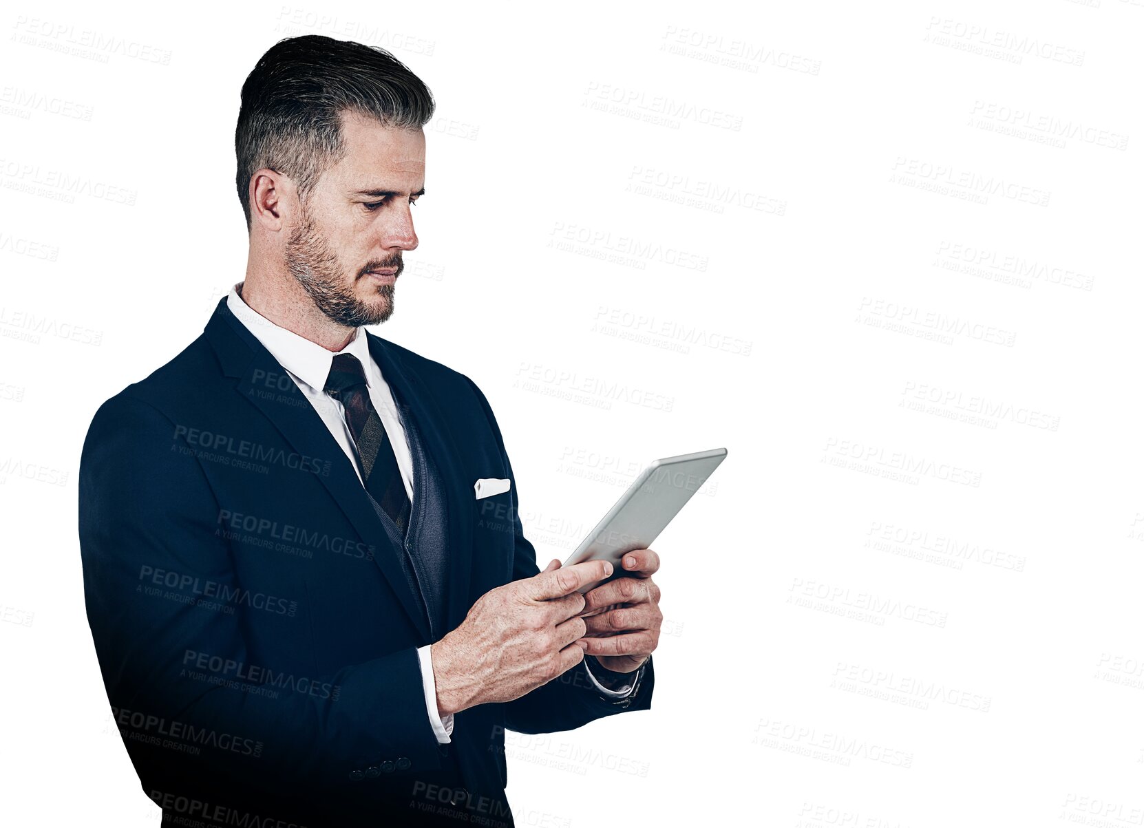 Buy stock photo Businessman, reading and tablet for news, article or information by internet, network or connection. Person, holding and technology for telecommunication on isolated or transparent png background