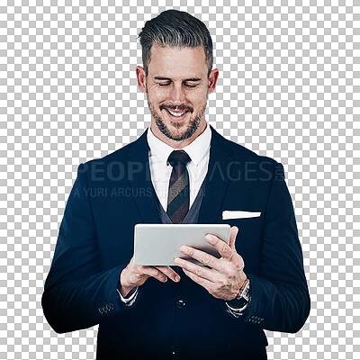 Buy stock photo Tablet, data or information with a business man in a formal suit isolated on a transparent background. Smile, technology and a happy mature professional employee on PNG for a corporate career or job