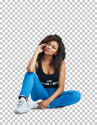 Buy stock photo Gen z fashion, sitting and portrait of woman isolated on transparent png background with serious face. Relax, attitude and trendy model with casual style, streetwear aesthetic and unique identity.