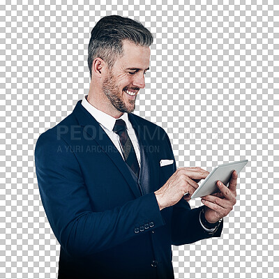 Buy stock photo Tablet, corporate and info with a business man in a formal suit isolated on a transparent background. Smile, tech and research with a happy mature employee on PNG for a professional career or job