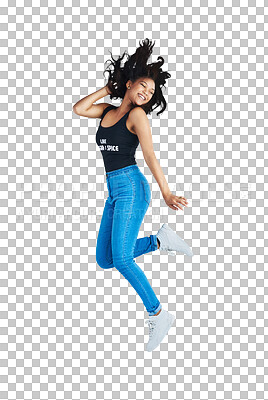 Buy stock photo Fashion, jump and a excited young woman isolated on a transparent png background. Casual clothes, style and energy of a female model person with jeans, happiness or good mood and confidence in air