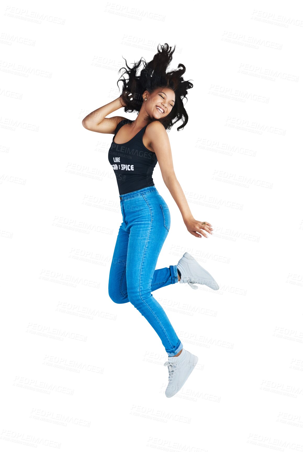 Buy stock photo Fashion, jump and a excited young woman isolated on a transparent png background. Casual clothes, style and energy of a female model person with jeans, happiness or good mood and confidence in air