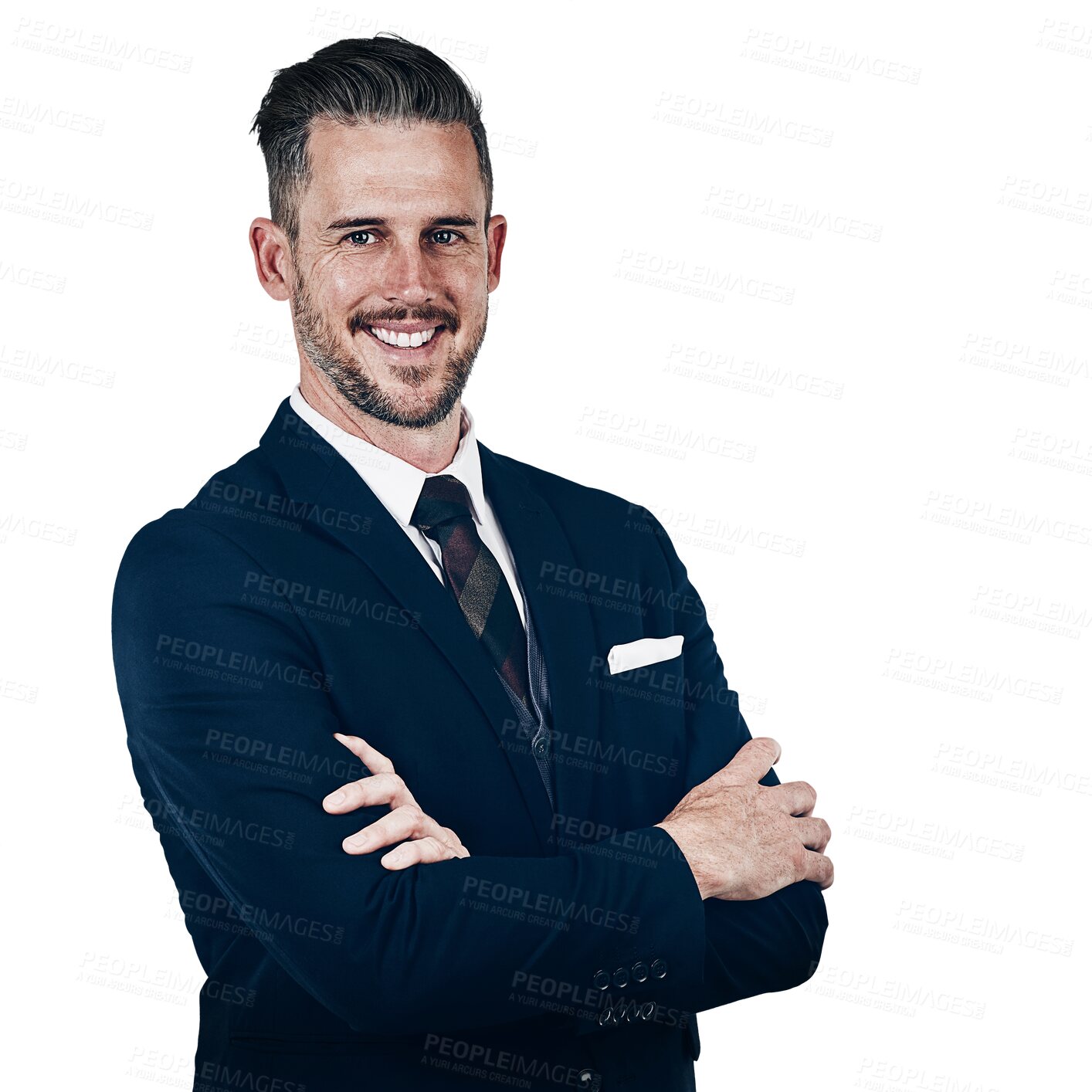 Buy stock photo Portrait, smile or arms crossed with a business man in a formal suit isolated on transparent background. Management, boss and a happy mature professional employee on PNG for a corporate career or job